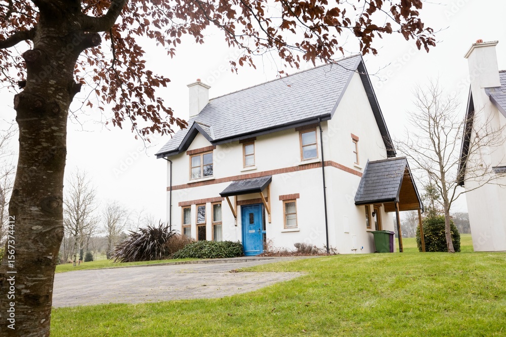Fototapeta premium Detached two-story house is resting in flat design, showing blue door, curved driveway, green lawn