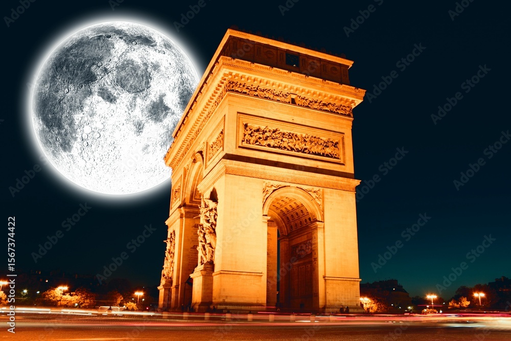 Naklejka premium Large moon over arc de triomph