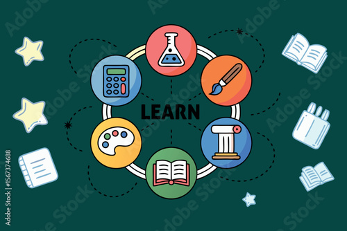 Colourful flat infographic vector of school subjects, icons, suitable for kids and education.