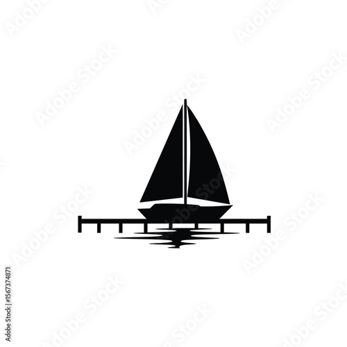 Black sailboat silhouette docked at pier with water reflection