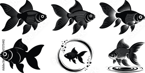 Silhouette vector collection of swimming goldfish in different poses with circular and ripple design elements