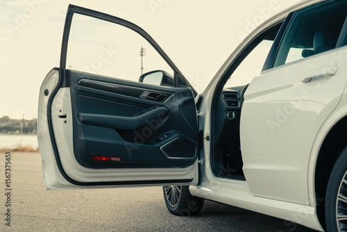 a white car with the door open is parked, with empty blank space for text copy space or mockup design, high detail, 8k