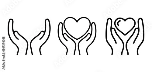 Cupped Hands Holding Heart Outline Icons.
