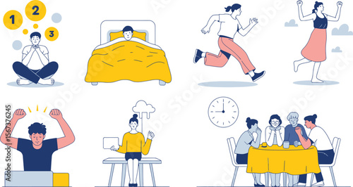 Illustration of daily lifestyle routine activities and mental health wellness and self care concept