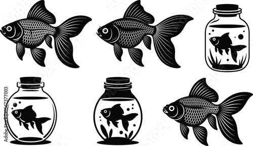 Silhouette vector of lovely goldfish inside a round jar decorated with heart shapes