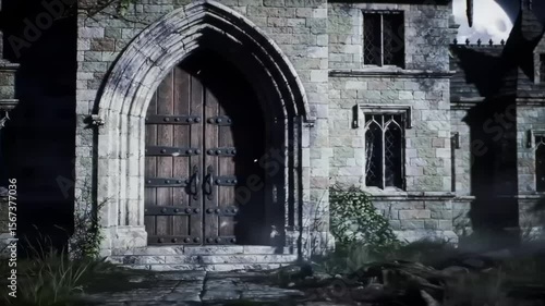 Wallpaper Mural Majestic wooden door of an ancient stone castle, surrounded by overgrown greenery and mist Torontodigital.ca