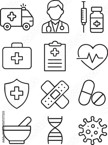 Healthcare set of web icons in line style. Medicine and Health Care linear icon collection. Containing emergency, doctor, treatment, medical, report, diagnosis, health, prevention line art vector
