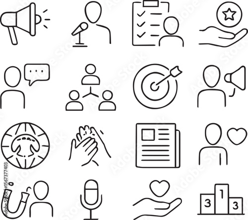 Public relations line editable icon set. Contain icons related to pr, public relations, and more. Editable stroke. Vector illustration