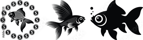 Silhouette vector showing three playful goldfish expressions with bubbles, coins, and comic layout