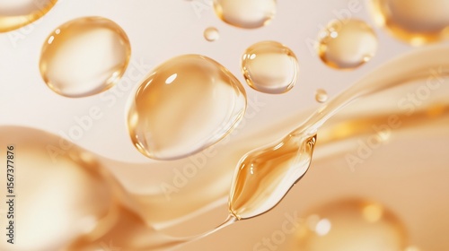 Close up of Vitamin C serum droplets being applied to radiant skin highlighting the glowing effect The backdrop is minimalistic with soft warm lighting for a clean beauty aesthetic