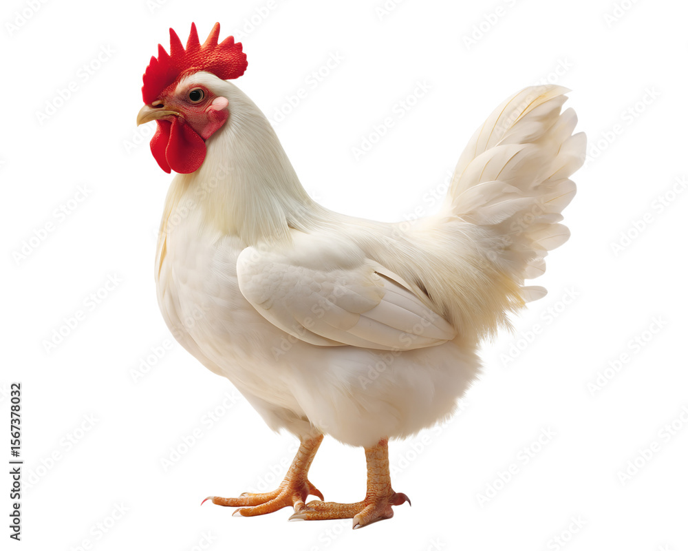 Naklejka premium A white rooster with a red comb and wattle standing proudly isolated on white background