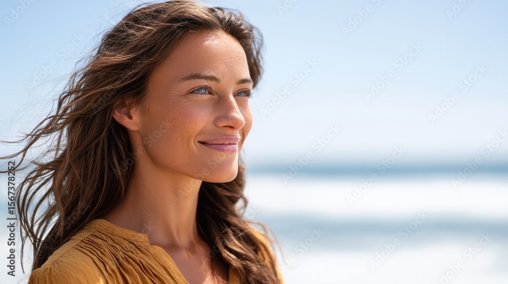 Smiling young caucasian female enjoying sunny beach day. Smiling young caucasian female enjoying sunny beach day.