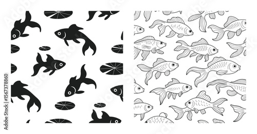 Silhouette vector seamless pattern of goldfish and lily pads in two hand-drawn black and white styles