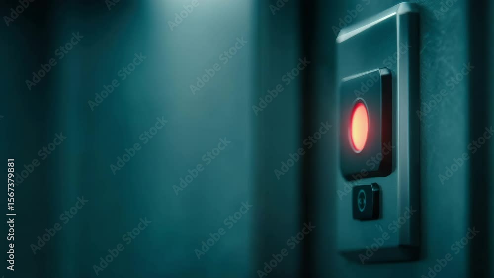 Elevated red glowing button wall panel with advanced light technology ...
