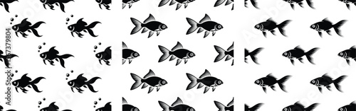 Silhouette vector seamless pattern of goldfish in mix of black and outlined versions with bubble elements