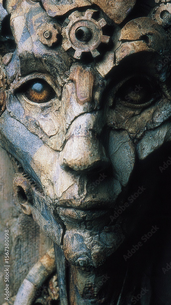 Intricate steampunk sculpted face with gears and mechanical elements. Intricate steampunk sculpted face with gears and mechanical elements.