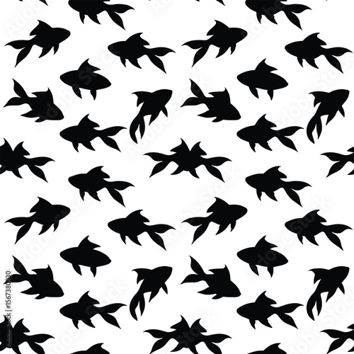 Silhouette vector seamless pattern of bold black goldfish in different dynamic swimming positions