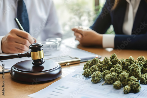 Legal Discussions on Marijuana Regulations, Gavel, Cannabis, Documents, Business Meeting in Office Setting