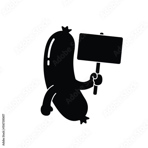 Black silhouette of a sausage character holding a blank sign