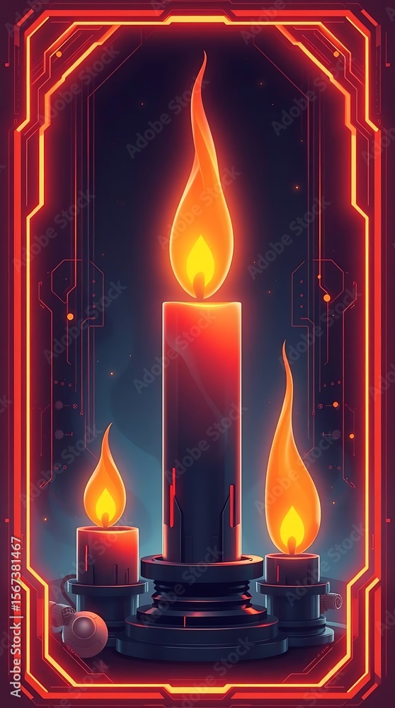 Fototapeta premium Luminous Candle Arrangement Set Against a Futuristic Circuit Backdrop