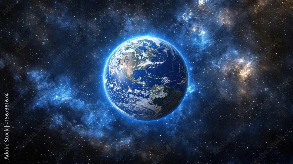 Fototapeta premium Earth floating in space with glowing blue atmosphere