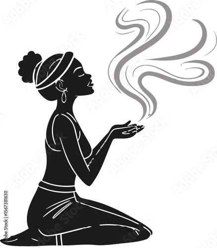 Woman Meditating with Incense Smoke Silhouette Vector
