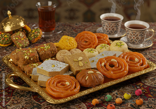 Assorted Indian Sweets on Golden Tray with Tea | Traditional Mithai Food Platter for Festive Occasions and Restaurant Menus