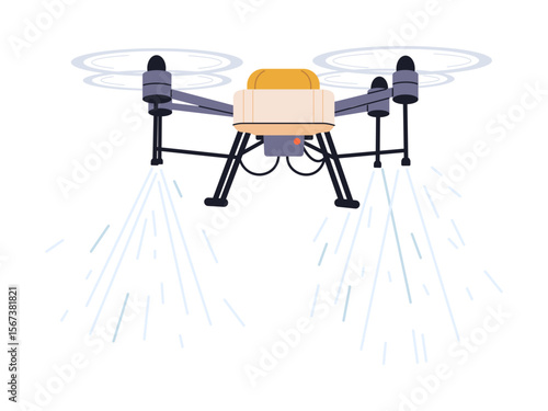 Flat vector illustration of drone for spraying pesticides, water, and fertilizers on crops isolated on white background. Future farm agriculture concept