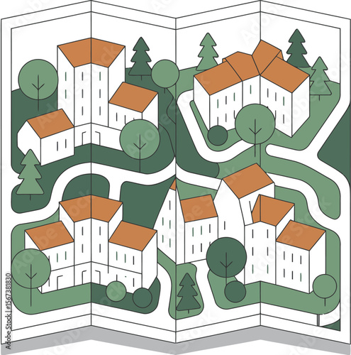 Illustrated town map graphic design for travel planning and real estate development project presentation