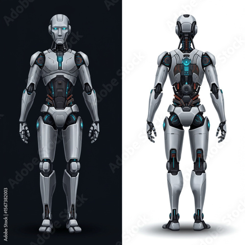 Two detailed illustrations of a humanoid robot, one front and one back view.