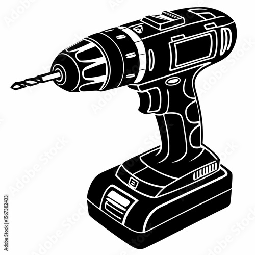 Black and white illustration of a cordless power drill with a drill bit