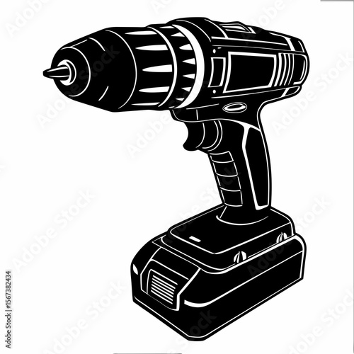 Black and white illustration of a modern cordless power drill