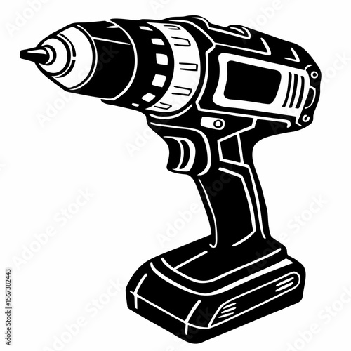 Black and white illustration of a modern cordless power drill