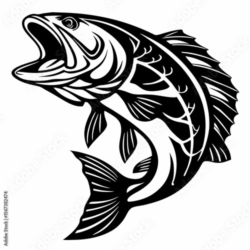 Dynamic black and white silhouette of a leaping bass fish