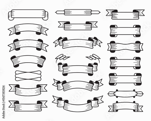 banners, ribbons outline in various shapes ribbon Vector illustration for product labels, awards, decorations. Monochromatic, black banner outlines on white background