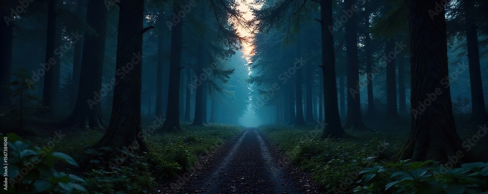 Fototapeta premium Mysterious Twilight Forest Path Shadows and Suspense in a Dense, Dark Wood