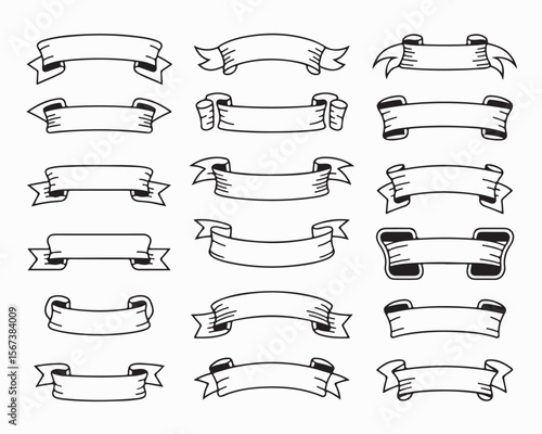 banners, ribbons outline in various shapes ribbon Vector illustration for product labels, awards, decorations. Monochromatic, black banner outlines on white background