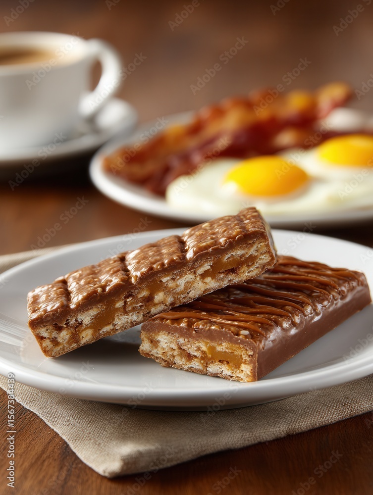 Chocolate caramel wafer bars with breakfast plate featuring eggs and bacon. Chocolate caramel wafer bars with breakfast plate featuring eggs and bacon.