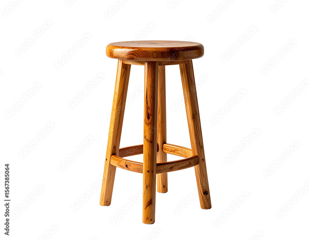 Rustic wooden bar stool with natural wood grain and four legs Rustic wooden bar stool with natural wood grain and four legs