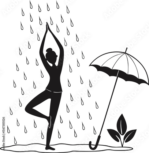 Yoga in Rain with Umbrella Nearby Silhouette Vector