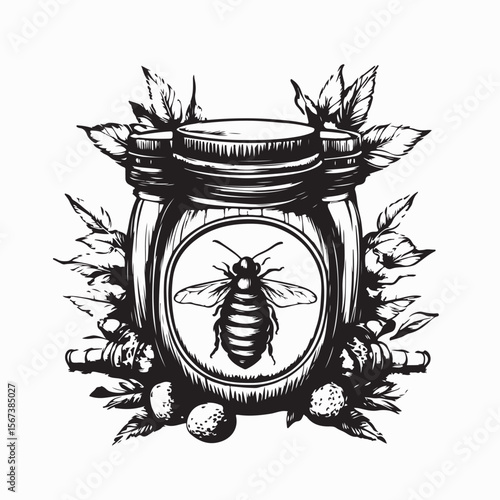 Honey Harvest on Wooden Table Golden Honey in a Jar Honeycomb Bees and Sunflowers