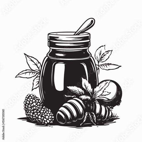 Honey Harvest on Wooden Table Golden Honey in a Jar Honeycomb Bees and Sunflowers