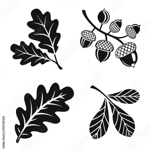 Black and white oak leaf and acorn silhouettes