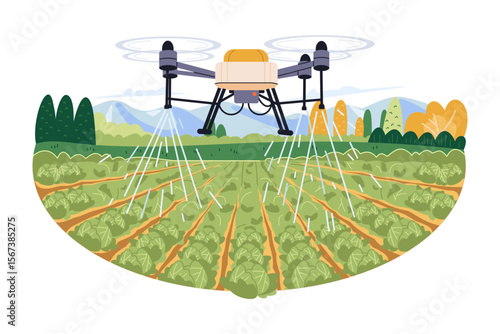 Agriculture drone spraying rows of cabbage with water, pesticides or fertilizers on a background of mountain and beautiful sky, the concept of modern agriculture in flat style illustration design