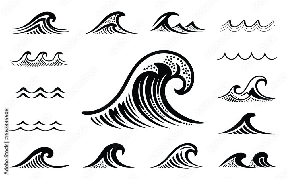 Obraz premium Ocean Wave Icon Collection – Artistic Crest, Curl, and Ripple Symbols in Silhouette Style