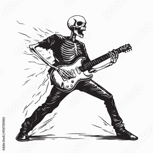 Rockstar Skeleton Performing with Passionate Energy Playing Electric Guitar on Stage