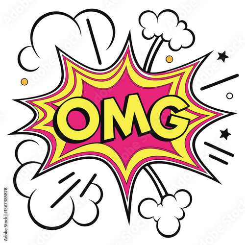 Cartoon omg speech bubble illustration with burst clouds and stars