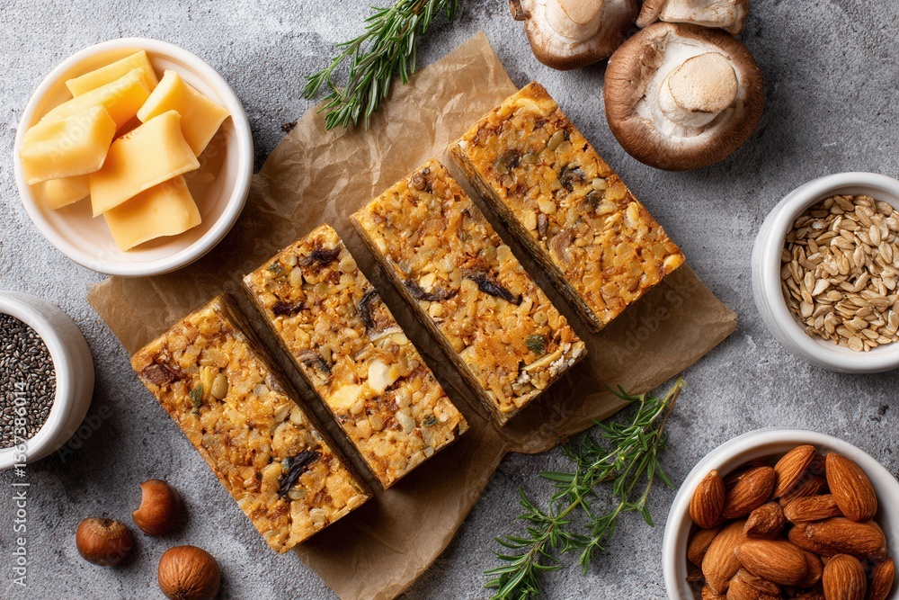 Fototapeta premium Homemade nut and seed granola bars with fresh cheddar and mushrooms.