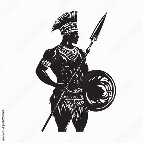 Zulu warrior with spear and shield Silhouette vector isolated on white background.