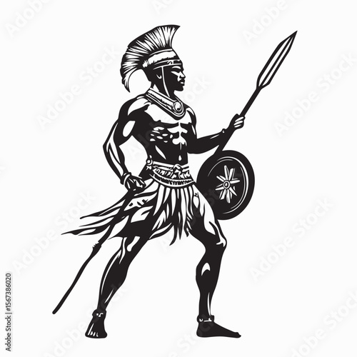 Zulu warrior with spear and shield Silhouette vector isolated on white background.